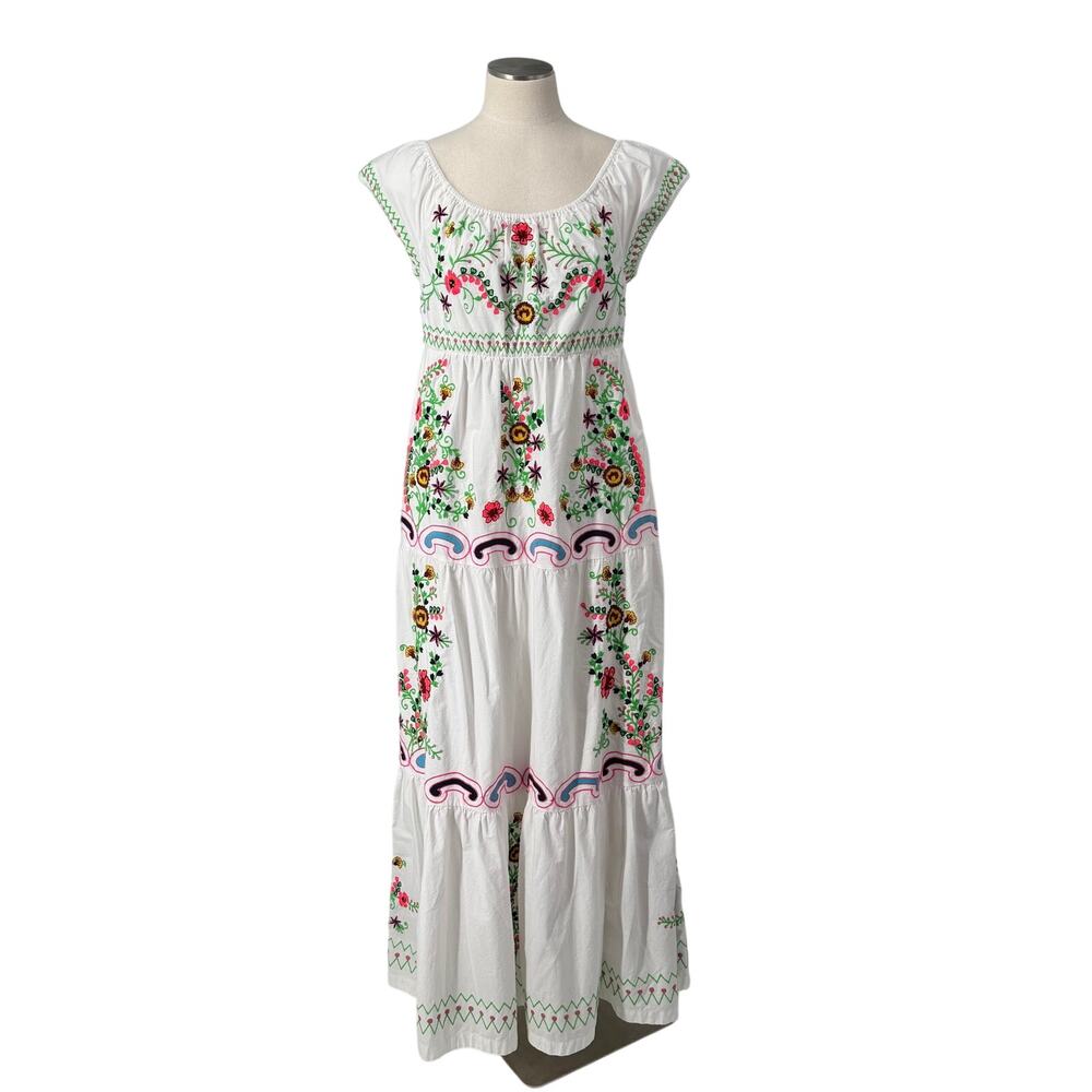 ANTHROPOLOGIE Embroidered White Floral Colorful Off Shoulder Maxi Dress SZ M